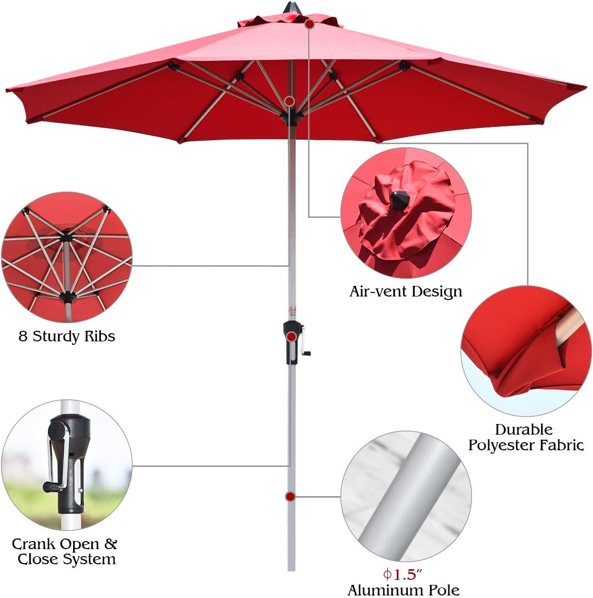 Tangkula 9 ft Patio Umbrella, Outdoor Market Table Umbrella with 1.5¡± Aluminum Pole, 8 Sturdy Ribs & Crank for Garden, Lawn, Deck, Backyard & Poolside (Burgundy)