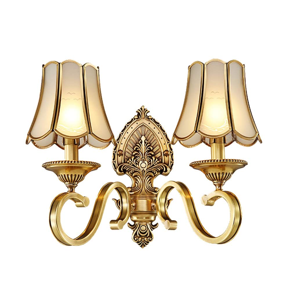 YNIYUJKL Wall Lamp, Copper Lamp 2 Lights,Bedroom Bedside Lamp With Glass Lampshade - European Classical Design E26/E27 Socket Wall Sconce, Interior Lighting Wall Lamp For Li,A