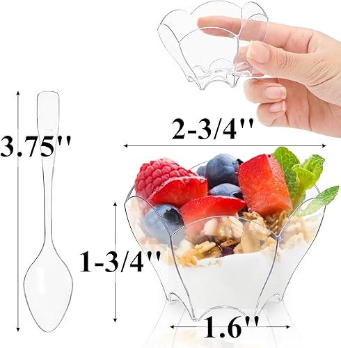 Miniatura 2 de Tebery Paquete de 100 mini tazas de postre Parfaits con 100 cucharas, cuenco pequeño transparente de 2.5 onzas para probar postres de fiesta (forma
