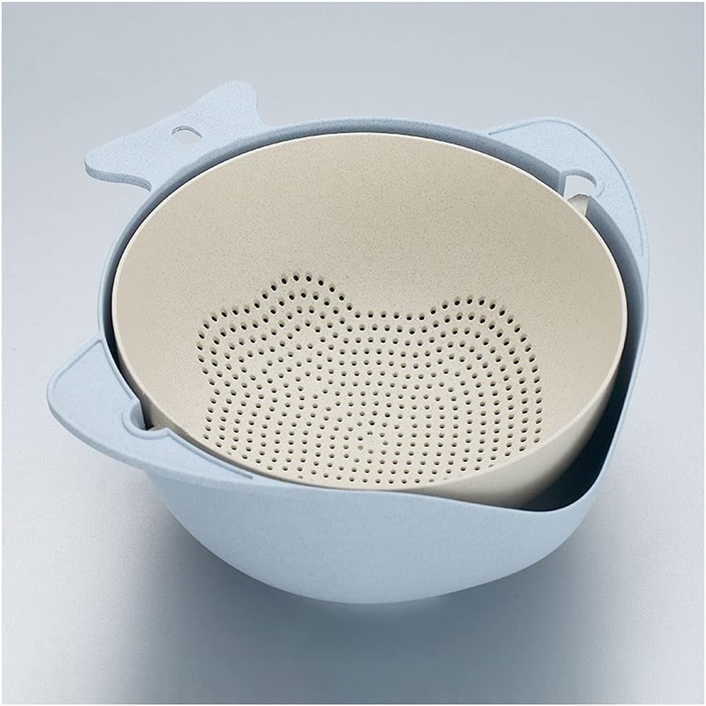 Draining Rack 2-in-1 Multifunctional Kitchen Colander/Filter Bowl Double-Layer Drain Basket Strainer with Hooks Large Rotatable Rice Basket Used for Fruits and Noodles Drainage Rack(A)