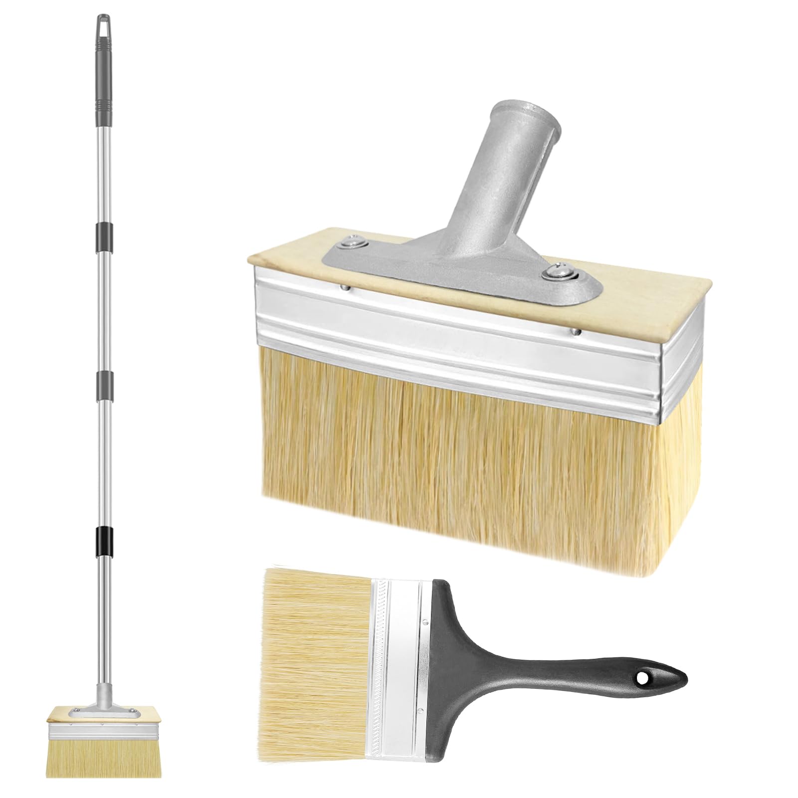 7" Deck Stain Brush with Long Handle, 60" Extension Pole Applicator with 4" Paint Brushes Set, Block Brush Set for Painting Wood, Masonry, Fence, Wall and Furniture, Home Improvement