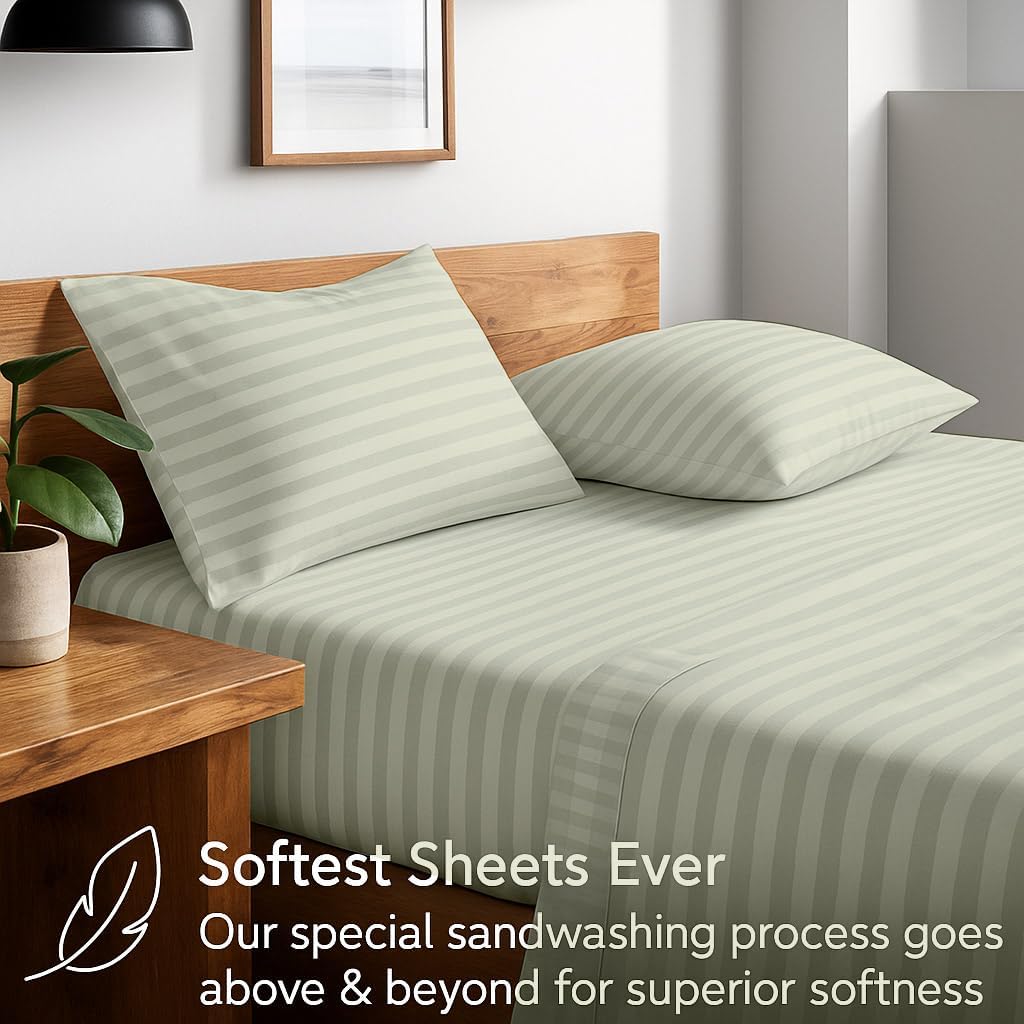 Luxury Egyptian Cotton Sheets Queen Size, Deep Pocket Fitted Sheet Fits 18"-24" Mattress, Soft, Breathable, Hotel Quality Bed Sheets, 4-Piece Queen Set, Ivory Stripe, Cooling Cotton Bedding