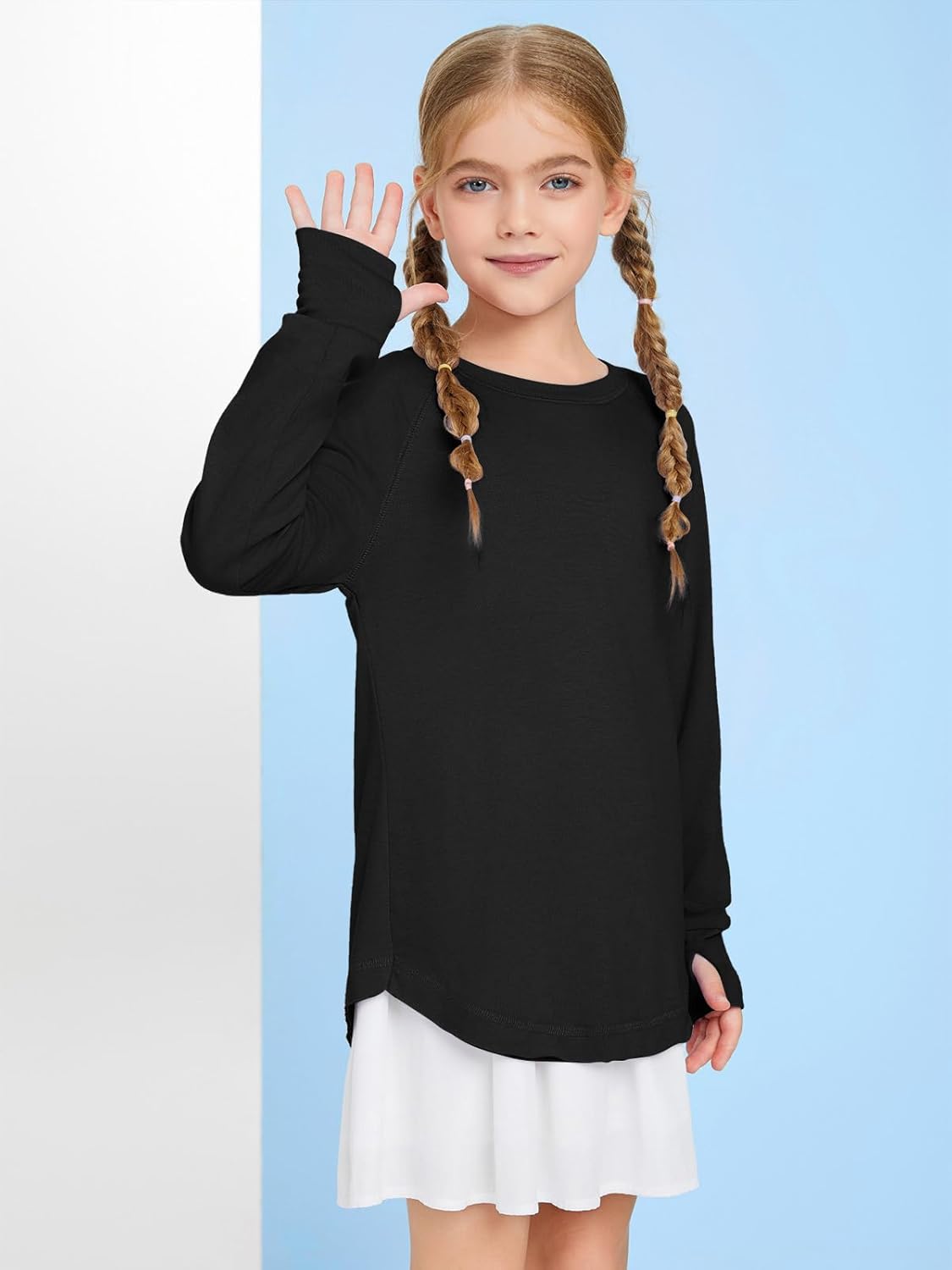 Girls Thumb Holes Long Sleeve Shirts Kids Crewneck Hem Loose Tunic Tops 5-14 Years - Image 3