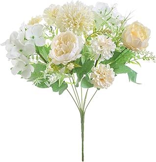 Hydrangea Artificial Flowers in Vase, Silk Fake White Flowers,Faux Flowers in Vase,Faux Hydrangea Flowers for Living Room Party Office Table Centerpiece Wedding Home Decoration