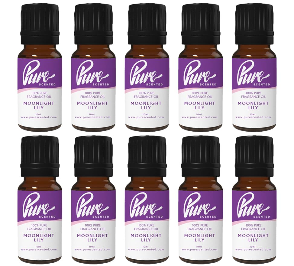 Pure Scented 100ml Fragrance Oils - 10 x 10ml Suitable for Candles, Soaps, Slime, Diffusers, Cosmetics, Wax Melts, Designer (10 x 10ml, Moonlight Lily Outdoorable)