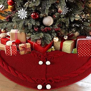 Christmas Tree Skirt 48 inches Knitted Rustic Stripe Thick Heavy Yarn Knit Xmas Holiday Decoration Base Floor Mat Cover for Red Christmas Decoration New Year Party Decorations Burgundy 122cm