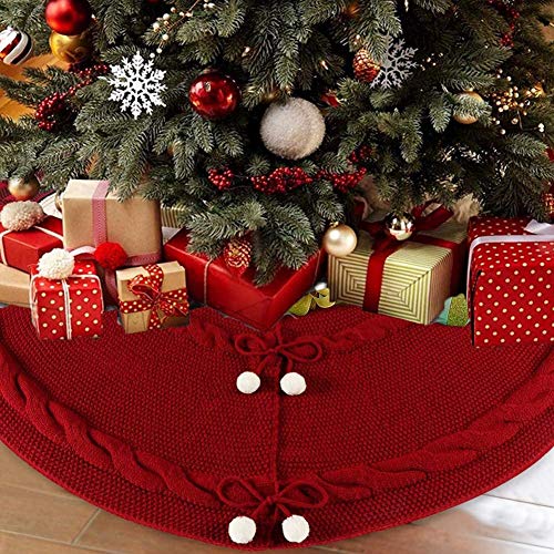 Hilif Christmas Tree Skirt 48 Inch Burgundy Red Striped Polyester Knitted Rustic Stripe Thick Heavy Yarn Xmas Holiday Decoration Base Floor Mat Cover