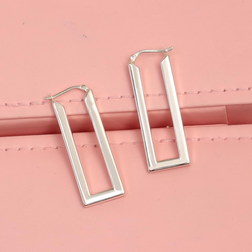 LeCalla 925 Sterling Silver Chunky Hoop Earrings for Women | Large Rectangle Shaped Earring Hoops | Handmade Classic Oval Textured Click-Top Big Hoops Earring for Women Gifts - Image 5