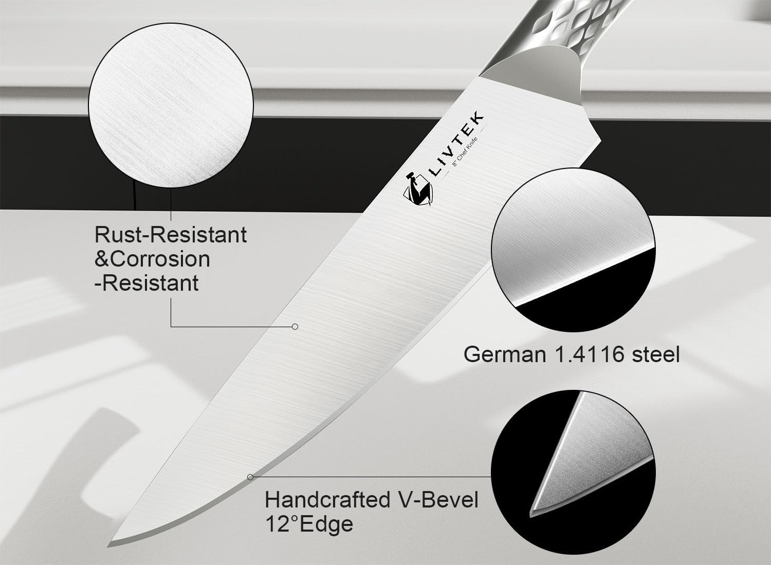 Livtek Kitchen Knife Set with Block: 15-Piece German Stainless Steel with Dual Sharpener for Cook Enthusiasts - Covers 95% Kitchen Tasks - Silver Full-Tang Ergonomic Handle, Dishwasher Safe, Gift Box - Image 4