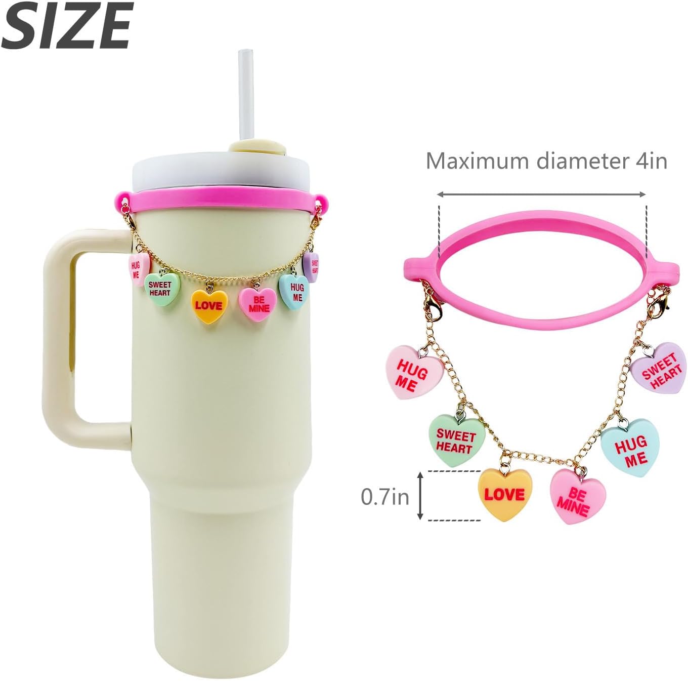 Valentine Heart Stanley Cup Chain, Silicone Ring Tumbler Decoration, Heart Beads Water Bottle Accessories, Pink Cup Accessory for Stanley, Valentine’s Day Gift