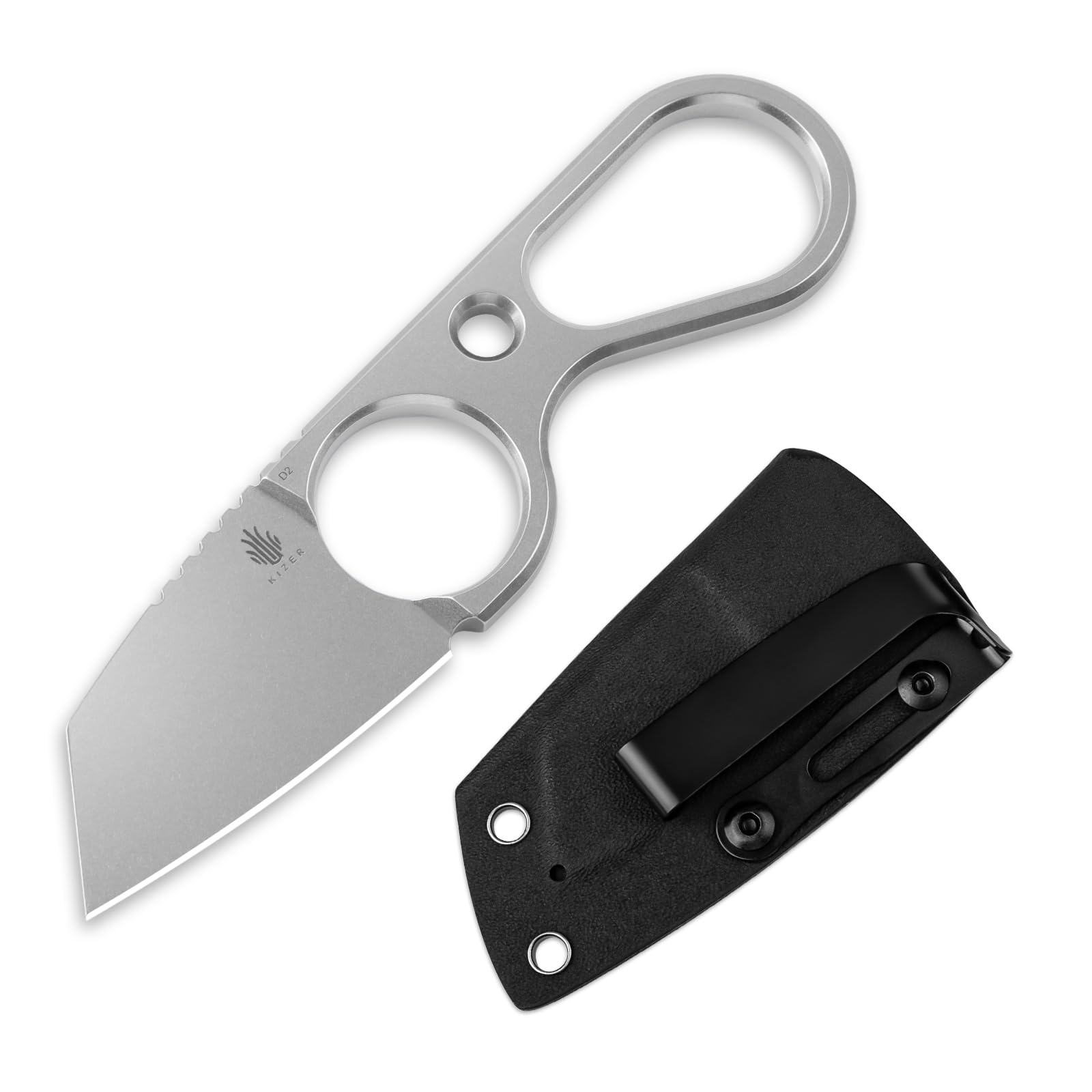 Kizer Bowtie Small Fixed Blade Knife with Sheath, Mini D2 Steel EDC Hunting Knife, 5.83 Inches Stonewashed Neck Knives for Men Women, Silver Survival Camping Knives, 1061A1