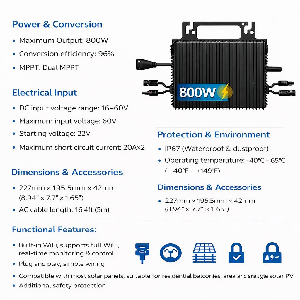 Micro-inverter 1200W, 2 MPPT, Inverter Solare Grid-Tie, Controllo WiFi e App, Impermeabile IP67, Cavo CA 16,4 ft, Kit Solare Plug-and-Play per Impianto Solare da Balcone