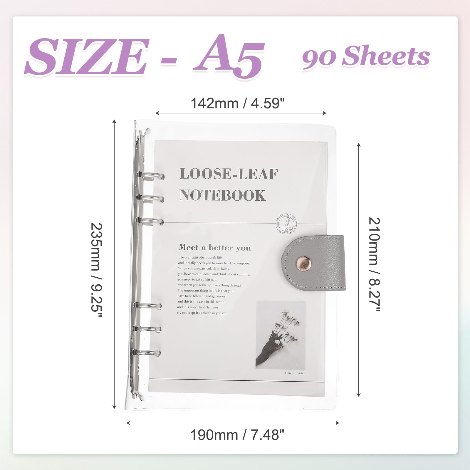 PATIKIL A5 Notebook Binder, Transparent PVC 6-Ring Refillable Planner Cover with 90 Sheets Lined Inner Paper Planner Binder with Snap Button - Image 2