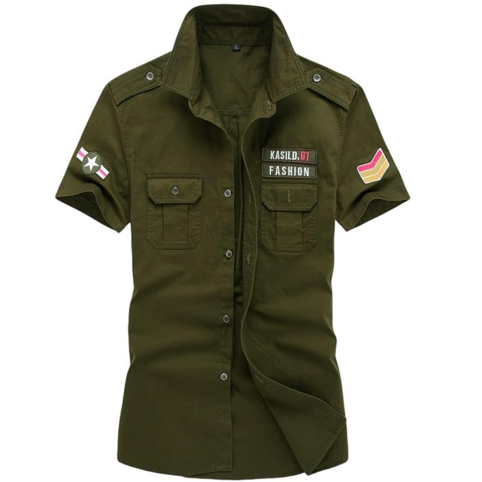 Camicia da lavoro a maniche corte in cotone stile militare da uomo con colletto a punta slim fit
