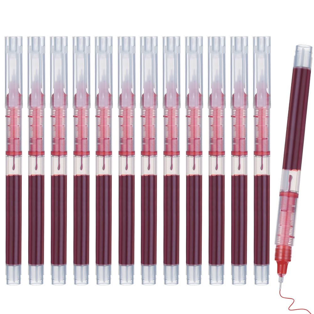 AUAUY 12 PCS Rolling Ball Pens Quick Dry, 0.5 mm Extra Fine Point Pen, Liquid Ink Rollerball Pens Smooth Writing for Office Student Back to School Supplies(Red)