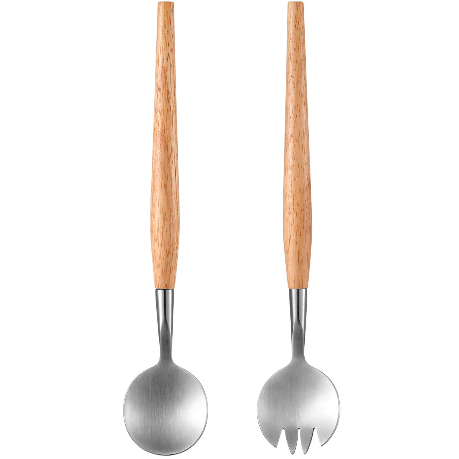 Romooa 2 Pieces 11 Inches Salad Servers Tongs includes Salad Spoon and Salad Fork Stainless Steel Cooking Utensils with Wooden Handle for Kitchen