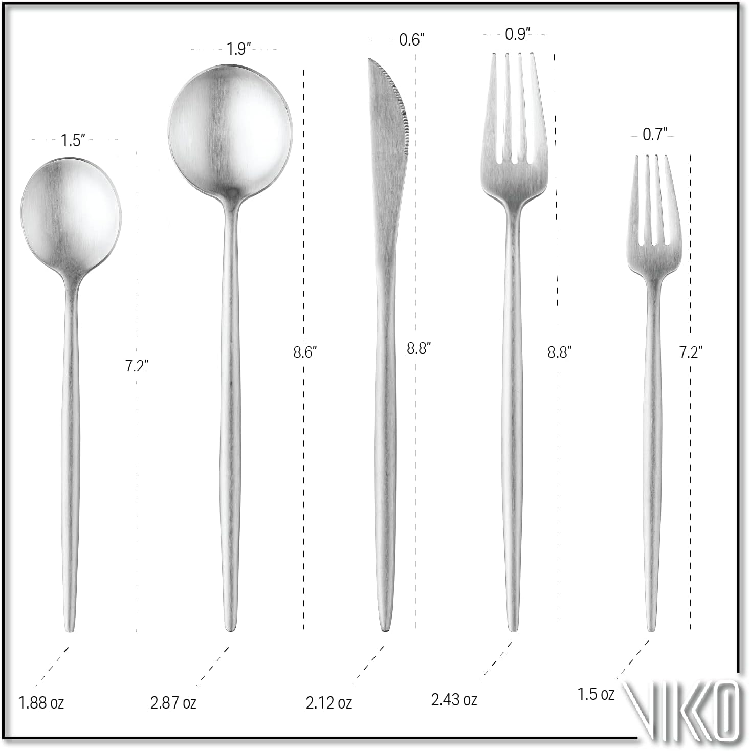 Vikko Decor Modern Silverware Set, Brushed Silver Flatware Set, 18/10 Stainless Steel, Elegant Long Handled Cutlery, Satin Matte Silverware for Upscale Dining, 20 Pc Set, Service for Four(4)