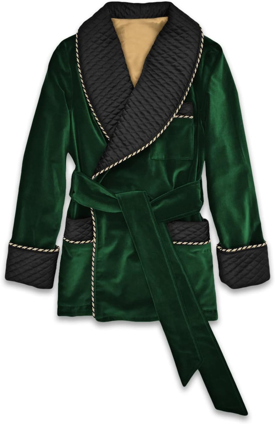 Dark Green Velvet Smoking Jacket With Quilted Silk Shawl Collar English Vintage Gentleman Belted Robes