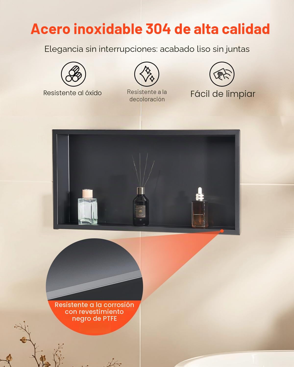 VEVOR Nicho de Ducha Empotrado 33x63,5x10,2 cm Estante Divisor de Pared de Acero Inoxidable Organizador de Jabón y Champú con Marco Sellado Impermeable Duradero Fácil de Instalar para Baño, Negro