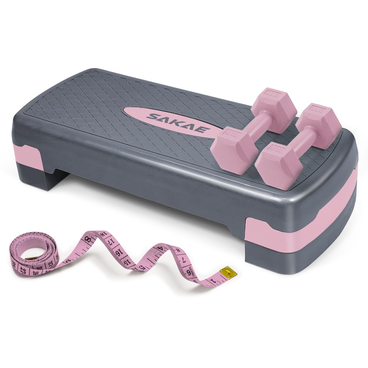 Juego de pasos aeróbicos de altura ajustable con 2 mancuernas y cinta métrica, plataforma de entrenamiento con elevadores de nivel, rosa y gris, el mejor regalo para unas vacaciones alegres y feliz
