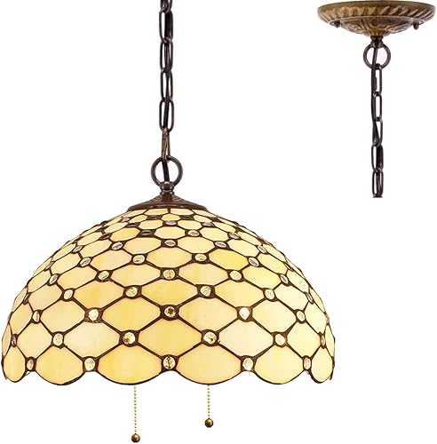 WERFACTORY Tiffany - Lámpara colgante con cuentas de ámbar crema de cristal de 16 pulgadas, decoración de isla, cocina, bar, pasillo, dormitorio,