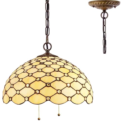 WERFACTORY Tiffany Pendant Light Fixture Cream Amber Bead Stained Glass