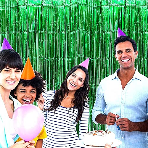Image of 4 Pack Green Foil Fringe Curtain Backdrop, 3.28Ft x 8.2Ft Metallic Tinsel Foil Fringe Streamer Curtains for Photo Booth Props Decor Party Supplies