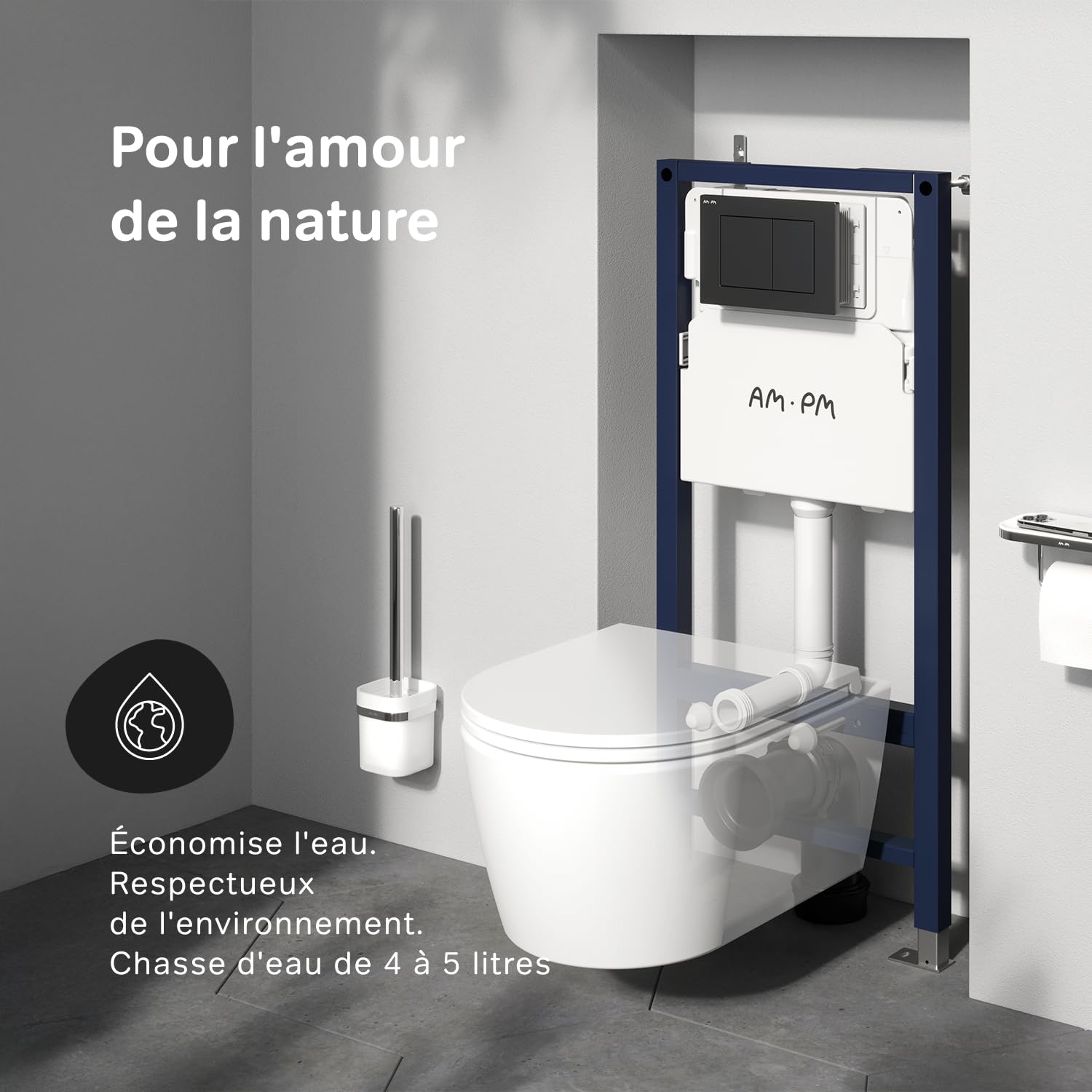 Pack WC suspendu Kit complet de WC suspendu, élément de paroi avant montage Prime Fit + WC mural noir sans rebord de chasse+ plaque de déclenchement + abattant WC avec système d'abaissement