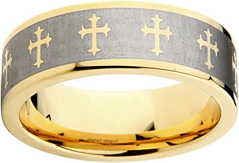 GoldenMine *Laser Engraving Service* 8mm Celtic Design Cross Tungsten Gold Plated Comfort-fit Wedding Band Ring (Size 5 to 15)