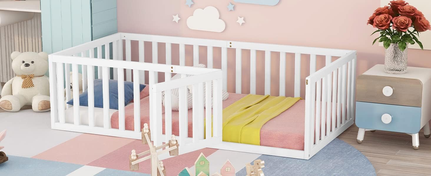 Harper & Bright Designs Twin Size Wood Floor Bed Frame with Fence and Door, White