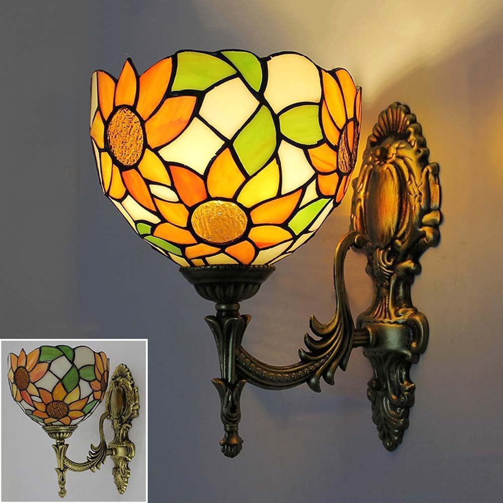SXSCARKX Stained Glass Lamp Wall with Shade and Metal Frame, Light Indoor Vintage Sconces for Living Room Corridor Stairs Hallway (H)