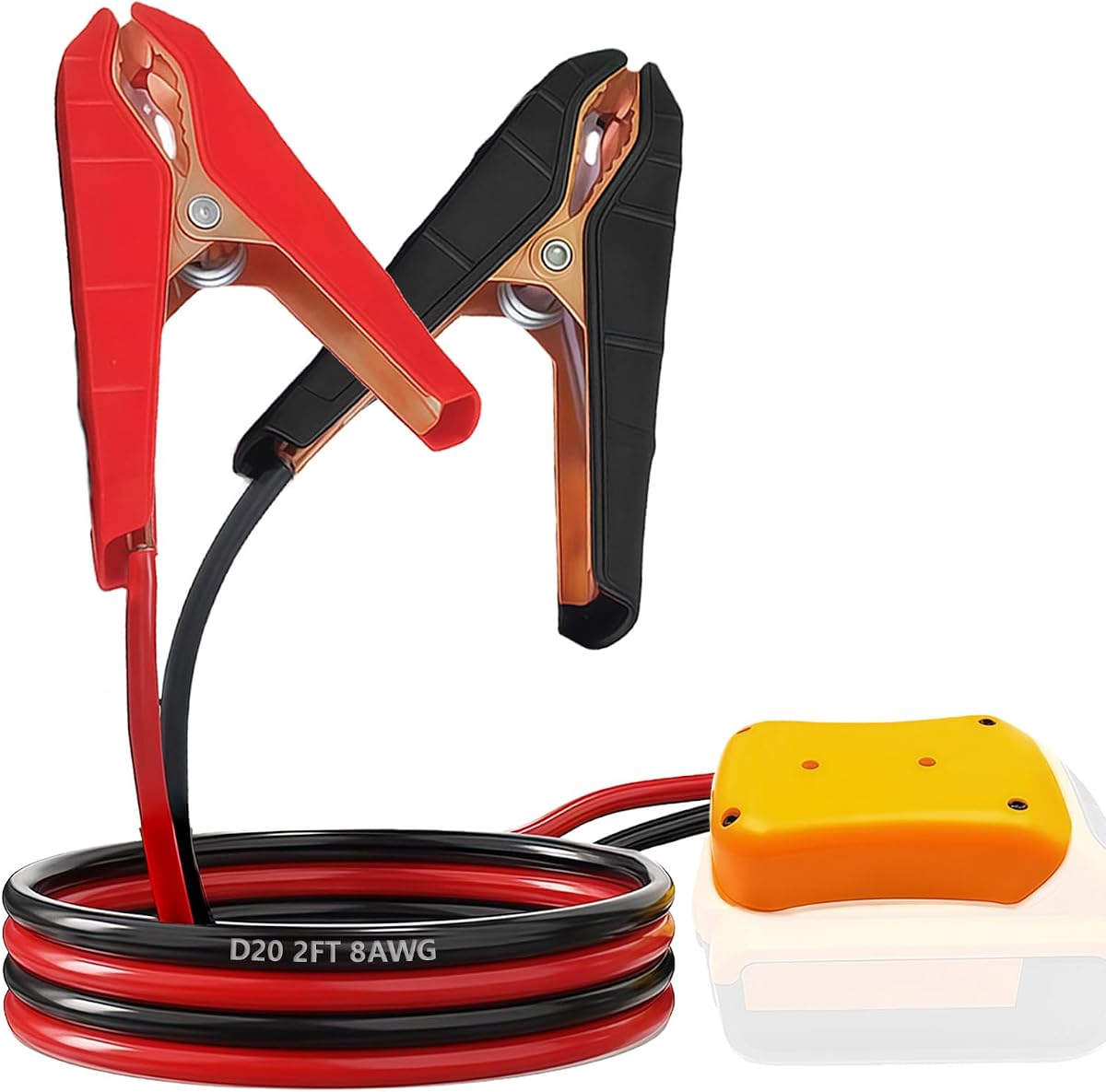 Jumper Cables with Adapter for Dewalt 20V Battery | 8AWG 2FT Jumper Starter | Portable Automotive Booster Jumper Cable For Starting Car Using Tool Battery | 200°C Heat Resistant With Alligator Clips