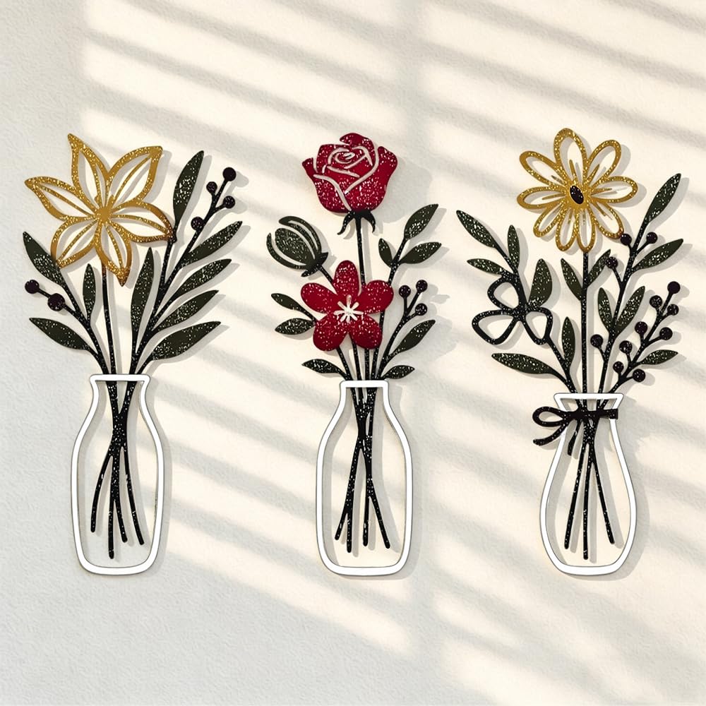 GrWisdAT 3 Pieces Metal Flowers Wall Decor Multicolored Floral Wall Art Modern Minimalism Rustic Farmhouse Decor for Housewarming Gifts Living Room Bathroom Bedroom Kitchen Dining Room
