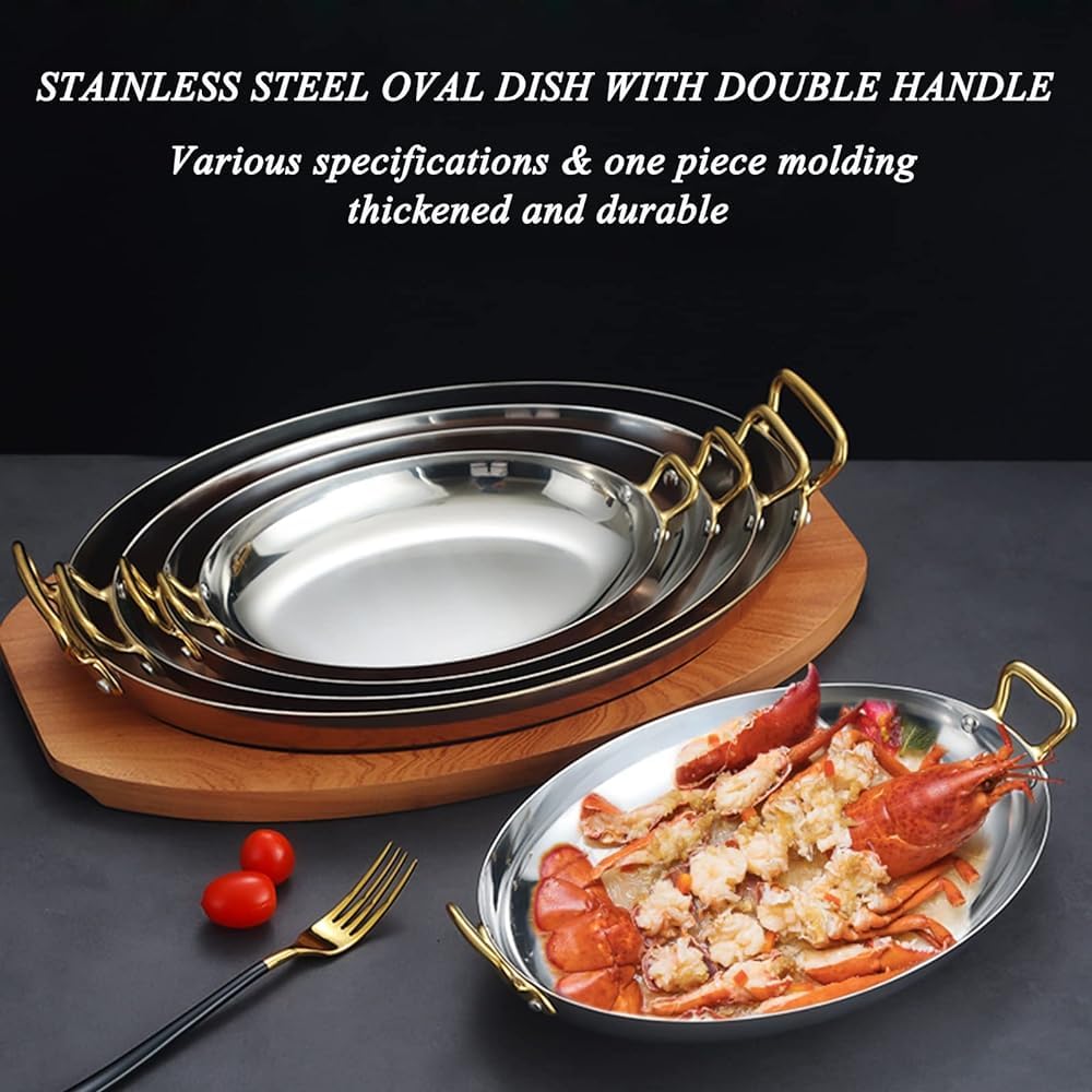 Plato Ovalado de Acero Inoxidable con Doble asa - 40 cm, Adecuado como Plato de Pescado, Plato de Aperitivos y Plato de Snacks; también Adecuado para Servir Langosta, mariscos, Sushi, Postre