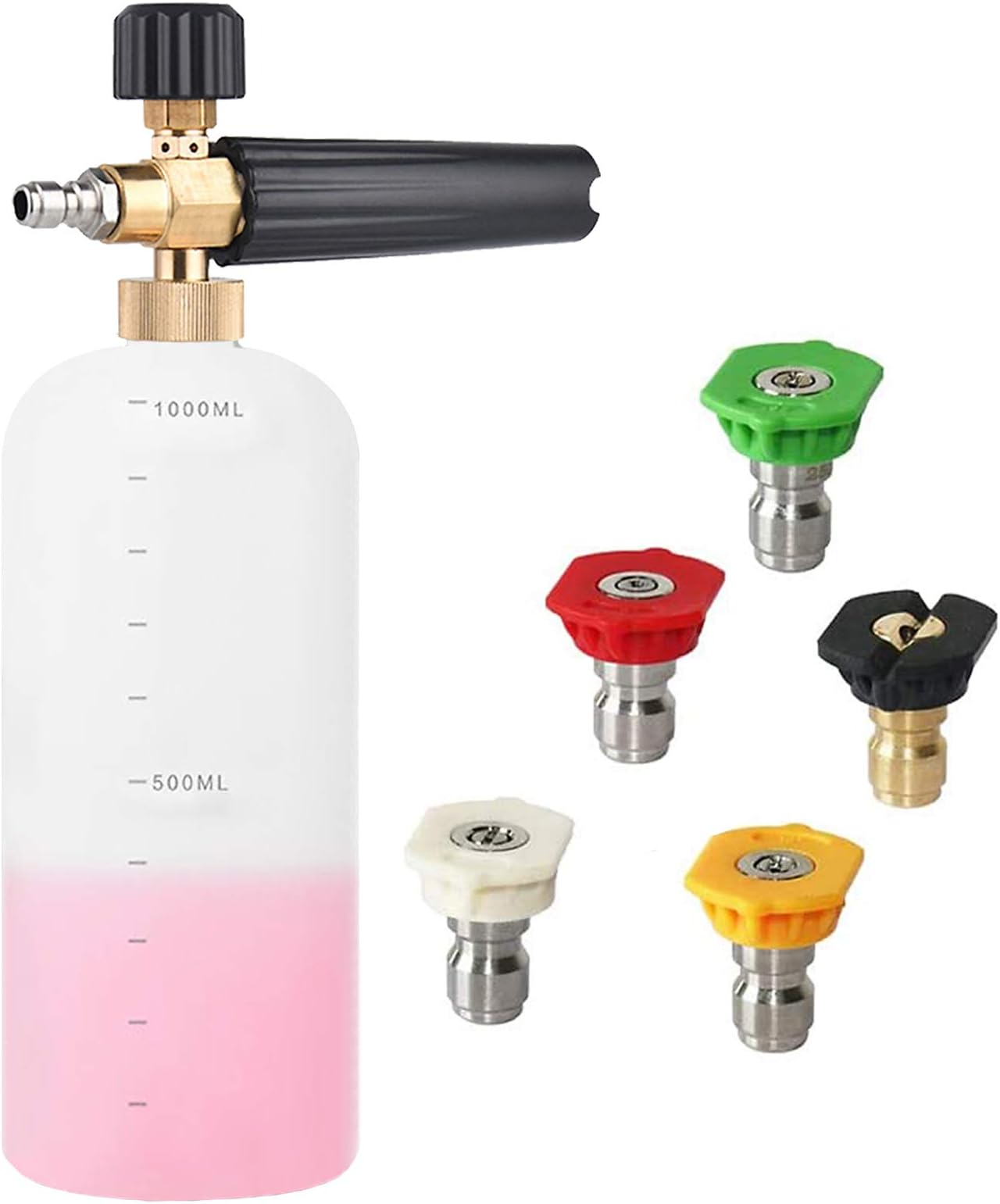 Pressure Washer Foam Cannon, 1L Adjustable 1/4" Quick Release Snow Foam Lance Gun Soap Dispenser Bottle with 5Pcs Pressure Washer Spray Nozzle Tips for Car Washing, Yard Cleaning