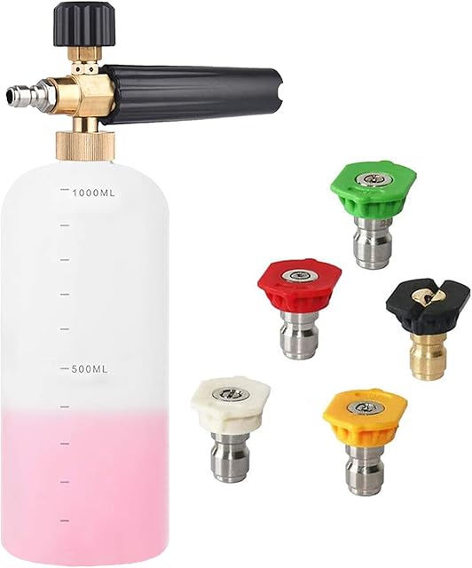 Pressure Washer Foam Cannon, 1L Adjustable 1/4" Quick Release Snow Foam Lance Bottle Soap Dispenser Jet Wash Foam Sprayer, 5Pcs Pressure Washer Spray Nozzle Tips for Car Washing, Yard Cleaning