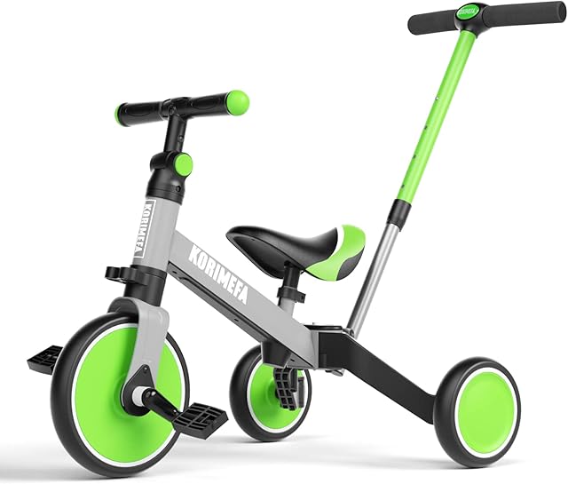 KORIMEFA 4 IN 1 Kids Trike With Parent Push Handle for 1-3 Years Old Boys Girls Toddlers Tricycle Baby Balance Bike Adjustable Seat and Handle Balance Training Bicycle (Green)