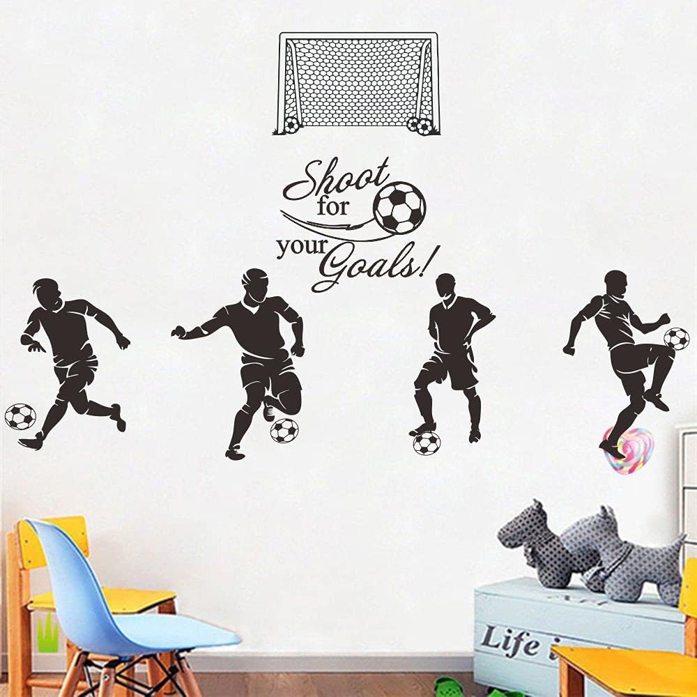 Football Soccer Wall Decal for Boys Bedroom - Removable PVC Vinyl Sticker with Sport Silhouette and 'Shoot for Your Goals' Quote - Kids Room or Sports Fan Wall Decor JWH150 (Black)