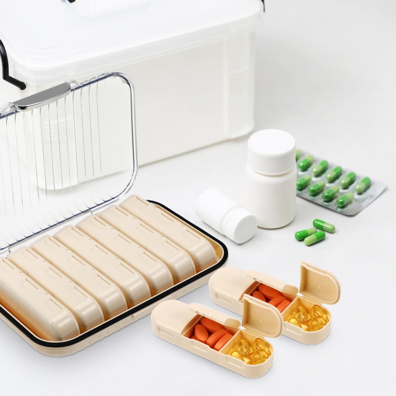 Baluue Mini Portable Travel Case Pill Organizer with Removable Dividers Weekly Medication Storage Box Sealed Small Travel Container for Daily Pills Vitamins Fish Oils