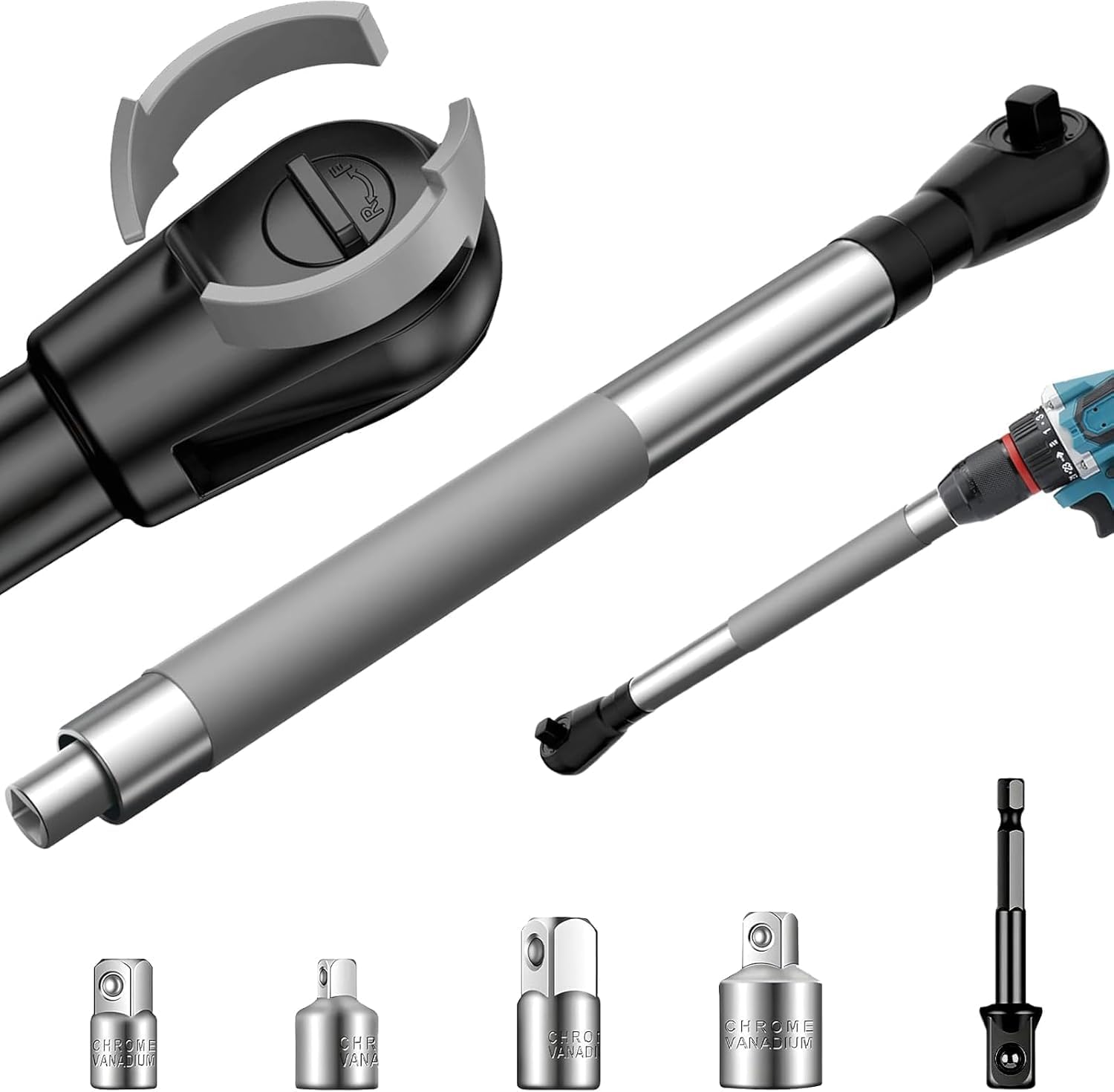 Offset Extension Wrench for Electric Drills and Impact Wrenches, ratchet extension includes 4 Socket Sleeve Adapters and 1/2" 3/8" 1/4" Electric Drill Adapter, Slim for Tight Spaces, Tungsten Steel