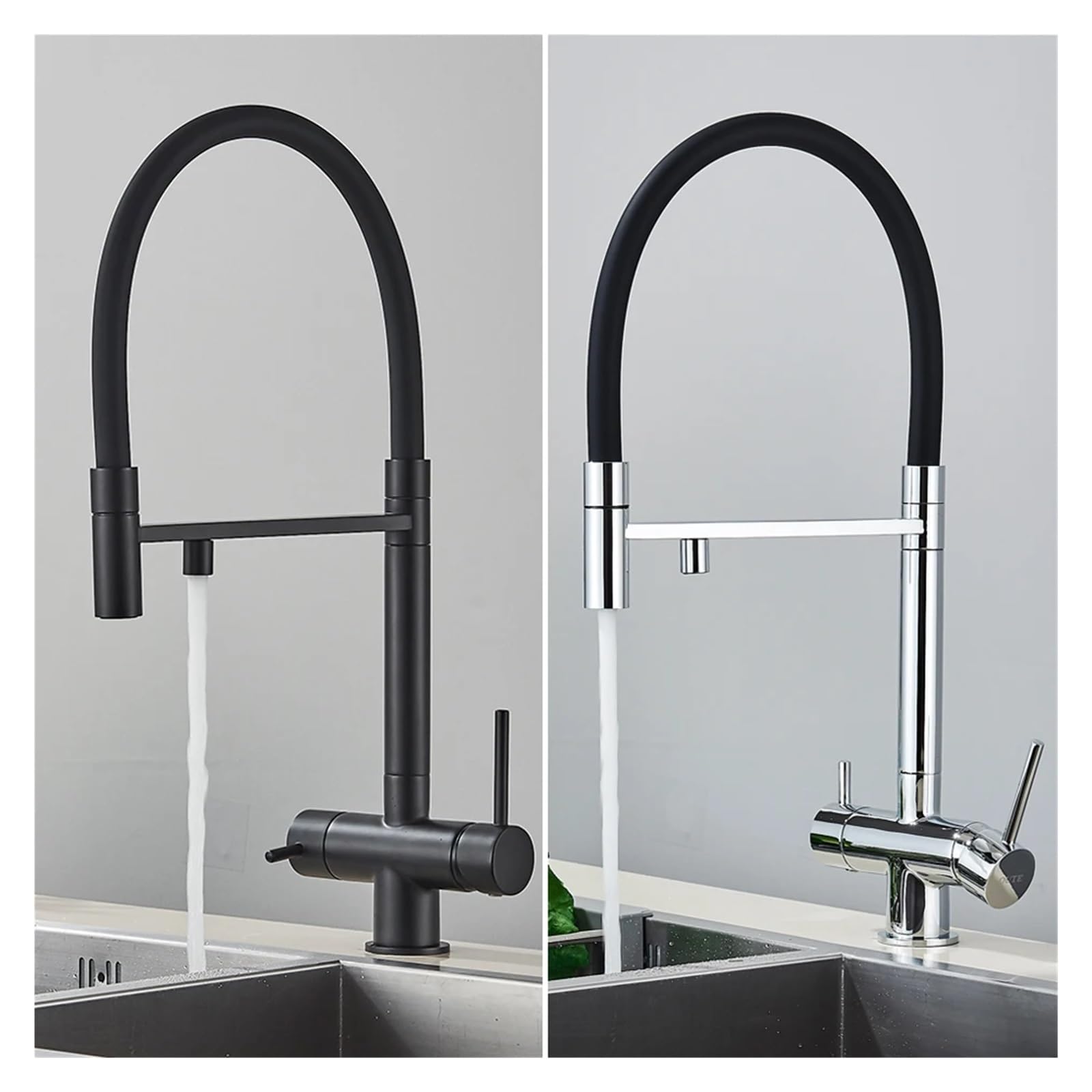 Filtro de agua para grifo de cocina de doble boquilla, grifo de purificación de agua negro mate con función giratoria para agua potable pura, elegante grifo mezclador para el hogar