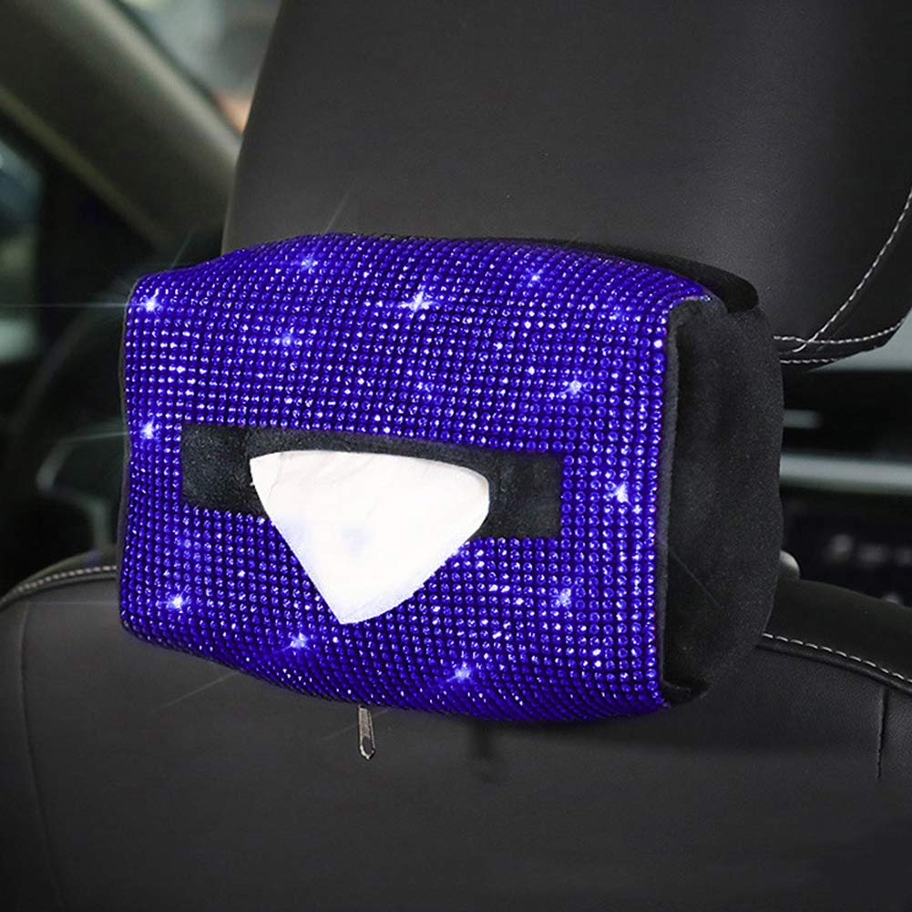 ihreesy Blue Rhinestone Car Tissue Box,Bling Bling Shiny Colorful Car Protective Diamond Cover Universal Vehicle Decoration Accessories Set for Women Girls