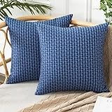UGASA Outdoor Waterproof Pillow Covers Pack of 2 Weaving Texture Water Resistant Outside Decorative Pillow Cases for Patio Garden Porch Yard Bench Tent 20x20 Inch, Navy Blue