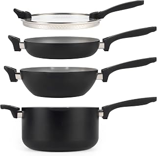 Salter BW10233 Stackable 4 Piece Pan Set, Space Saving, Pouring Lip, All Hob Types Including Induction, Non-Stick, Little to No Oil, Universal Glass Lid, Soft Touch Handle, Easy Clean, Grey, Black