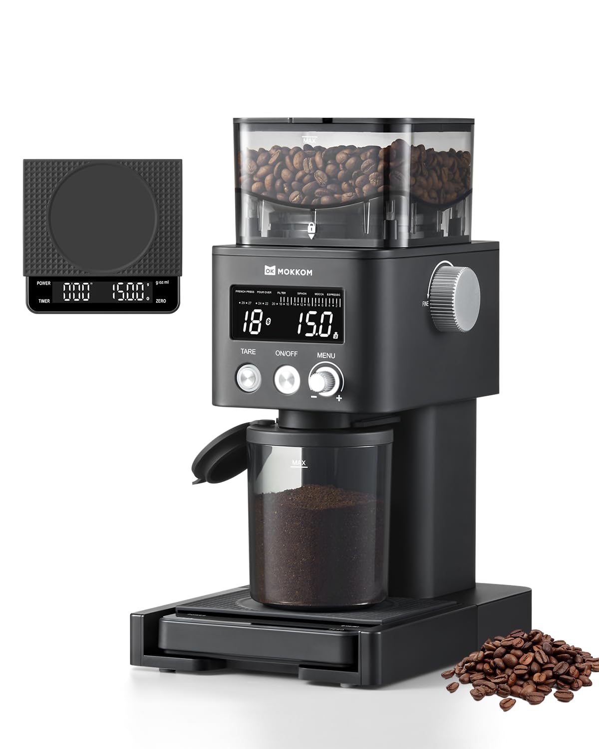 MOKKOM Conical Burr Coffee Grinder with Detachable Scale