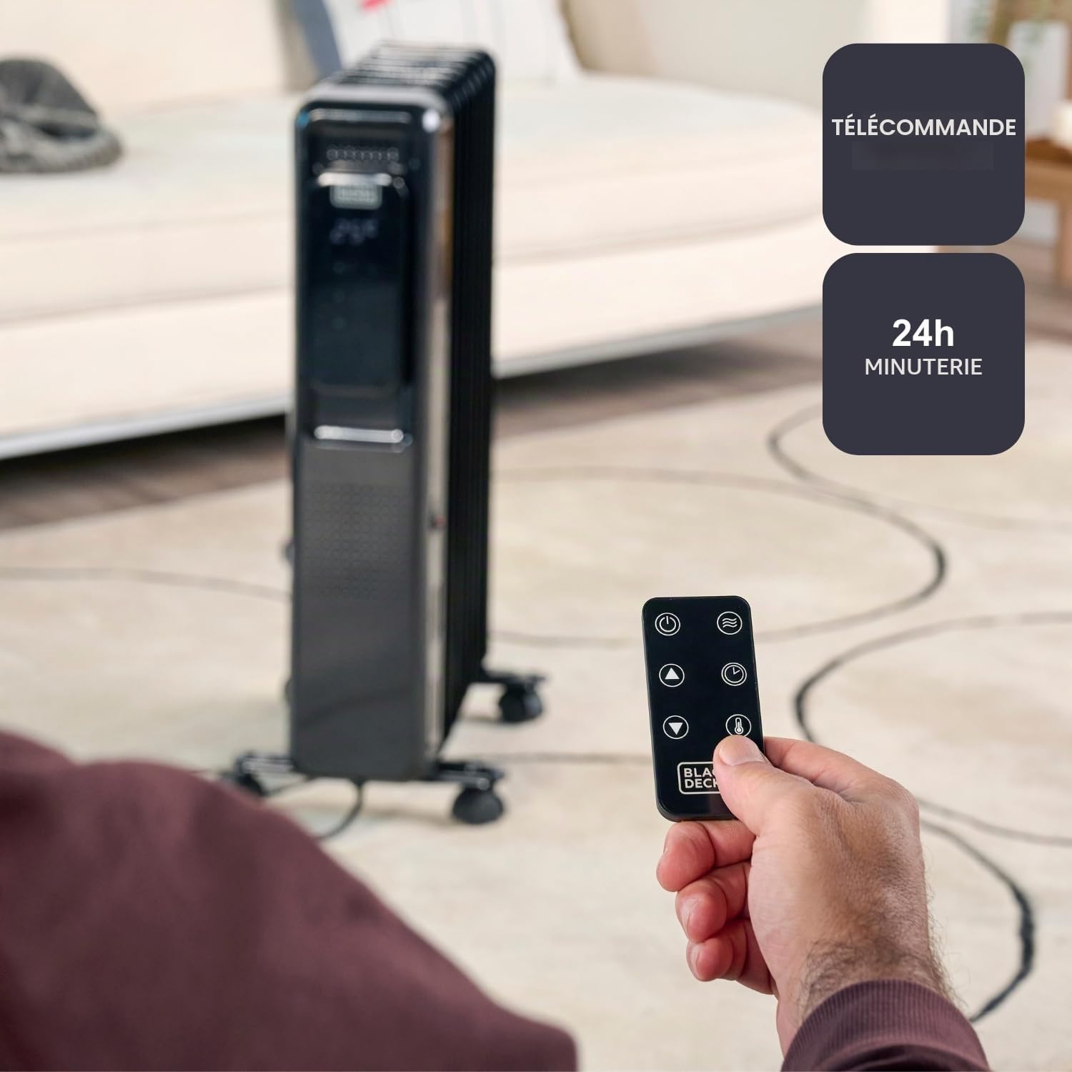 BLACK+DECKER - Radiateur à huile 2000 W | Chauffage électrique | 9 éléments | 3 niveaux | Réglable | Minuterie 24 h | Ultra-silencieux | Protection surchauffe | Écran digital