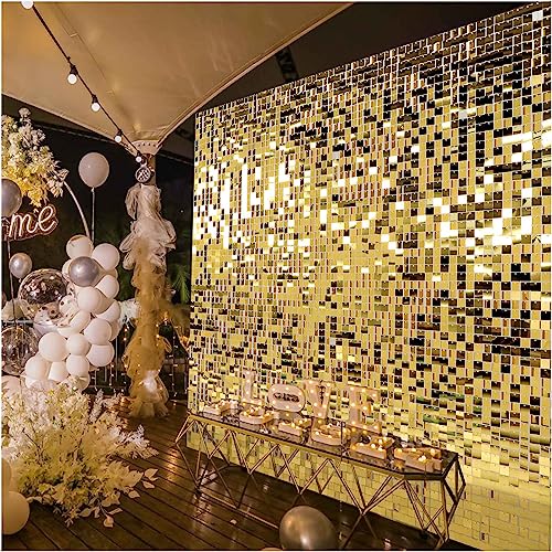 Kate Square Light Gold Sequin Wall Panels Shimmer Wall Birthday Party Backdrop Decorations (Pack of 12)