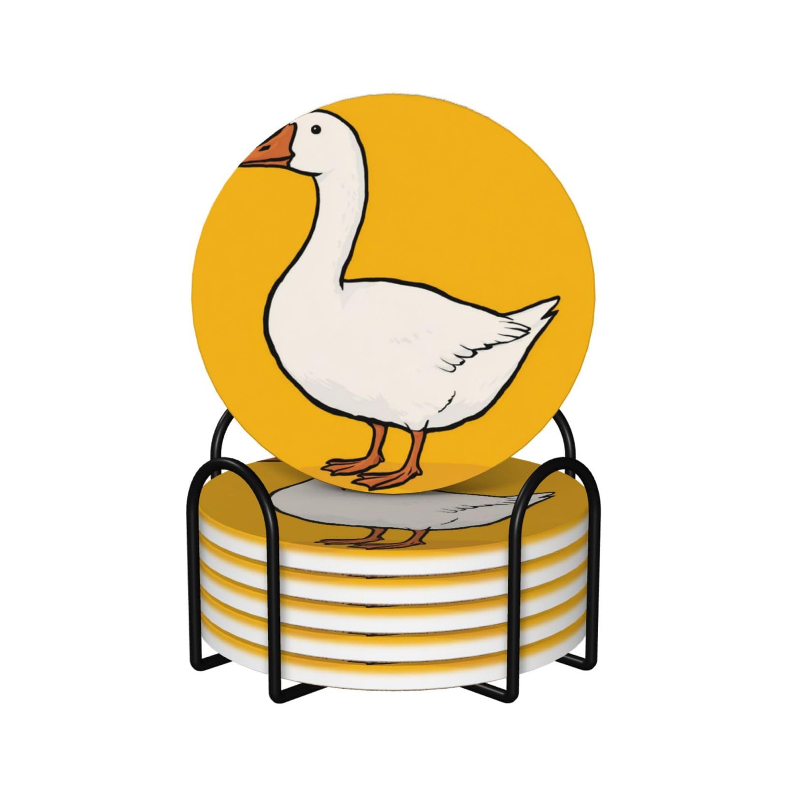 White Goose On Yellow Ceramic Coasters with Holder 6ps