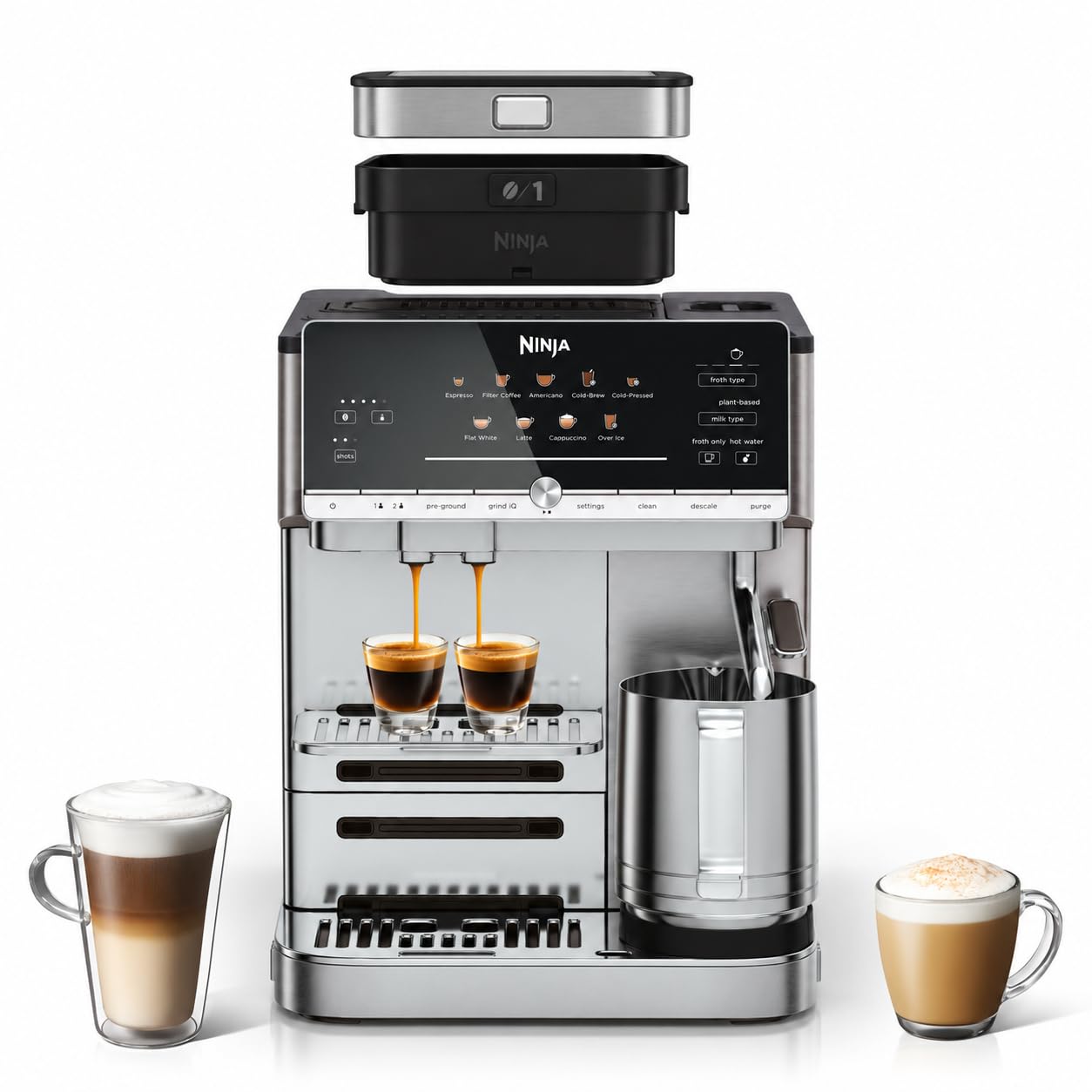 Ninja AutoBarista Automatic Espresso, macchina da caffè per caffè filtrato ed estratto a freddo, 10 programmi e 4 impostazioni schiuma latte, parti lavabili in lavastoviglie, argento AE1021EU
