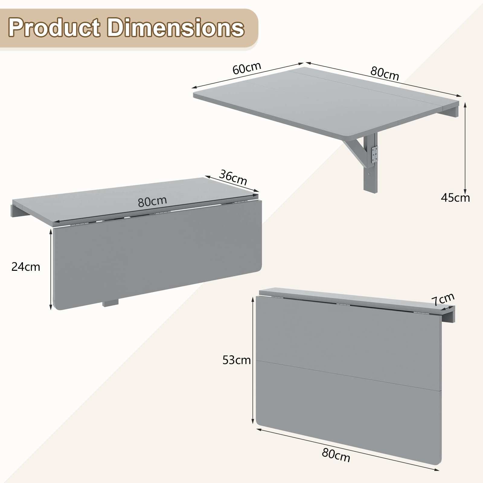 GIANTEX Wandklapptisch klein, Wandtisch Hängetisch Klappbar 80x60cm, Wandmontierter Klapptisch Esstisch, Schreibtisch Laptoptisch Wand platzsparend (Grau)